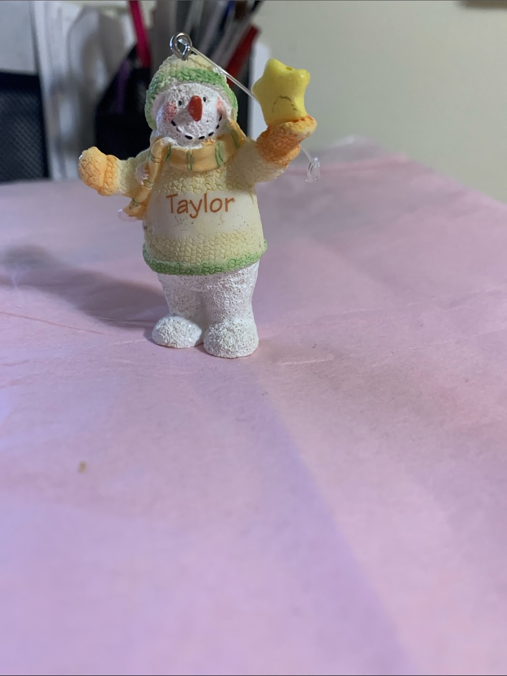 Personalized Yellow Snowman Ornament - Kids Toy. “Taylor”